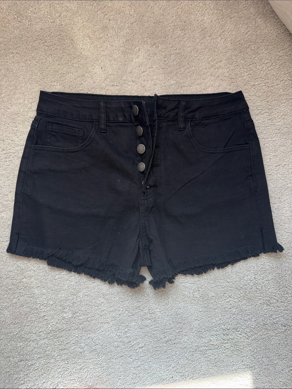Button-Front Black Denim Jean Shorts with Frayed Hem